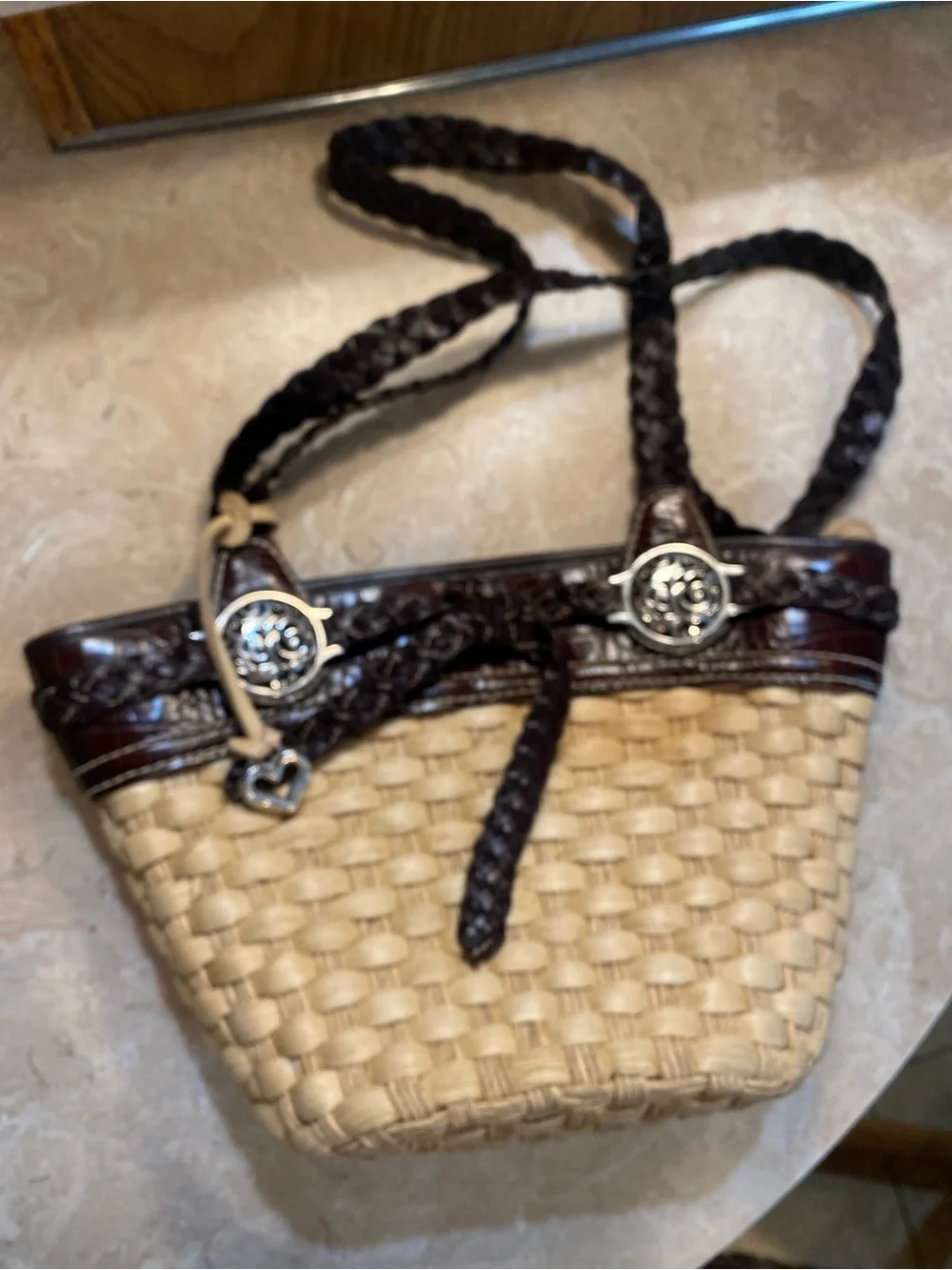 Brighton Beige Straw Tote with Dark Brown Trim and Braided Straps - Picture 1 of 8